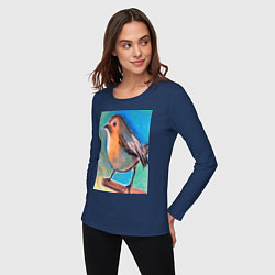 Лонгслив хлопковый женский Рисунок пастелью птица синица, цвет: тёмно-синий — фото 2