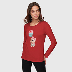 Лонгслив хлопковый женский Мишка с воздушным пирожным, цвет: красный — фото 2