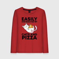 Лонгслив хлопковый женский Легко отвлекаюсь на котов и пиццу, цвет: красный