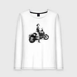 Лонгслив хлопковый женский Японская девушка на мотоцикле, цвет: белый