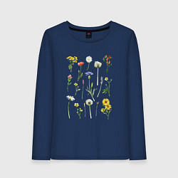Лонгслив хлопковый женский Акварельная иллюстрация полевых цветов, цвет: тёмно-синий