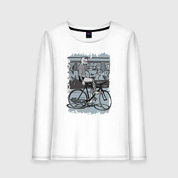 Лонгслив хлопковый женский Байкер кошка на велосипеде, цвет: белый