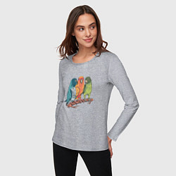 Лонгслив хлопковый женский Три волнистых попугая на ветке, цвет: меланж — фото 2