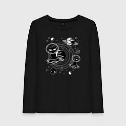 Лонгслив хлопковый женский Коты пришельцы в космосе, цвет: черный