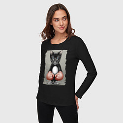 Лонгслив хлопковый женский Крутой котяра в боксёрских перчатках Cool cat in b, цвет: черный — фото 2