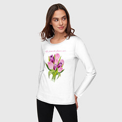 Лонгслив хлопковый женский Мои любимые цветы тюльпаны, цвет: белый — фото 2