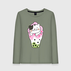 Лонгслив хлопковый женский Довольный котик в мороженом, цвет: авокадо