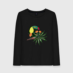 Лонгслив хлопковый женский Птица тукан с цветами и листьями, цвет: черный