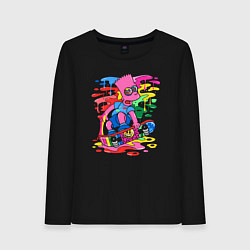 Лонгслив хлопковый женский Барт Симпсон - крутой скейтер - разноцветные клякс, цвет: черный