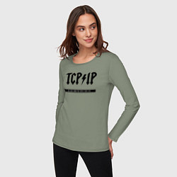 Лонгслив хлопковый женский TCPIP Connecting people since 1972, цвет: авокадо — фото 2