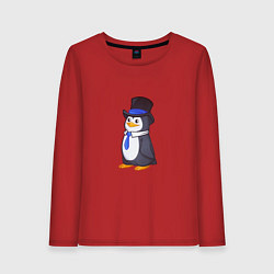 Лонгслив хлопковый женский Пингвин в цилиндре, цвет: красный