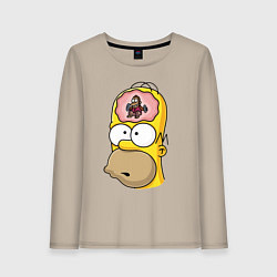 Лонгслив хлопковый женский Мартышка бьёт в тарелки в голове Гомера Симпсона, цвет: миндальный