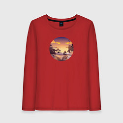Лонгслив хлопковый женский Тропический остров и лодка в море на закате, цвет: красный