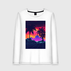 Лонгслив хлопковый женский Синтвейв пляж и пальмы, цвет: белый