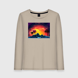 Лонгслив хлопковый женский Пляж и пальмы абстрактный ретро дизайн, цвет: миндальный