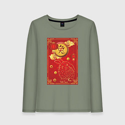 Лонгслив хлопковый женский Китайский иероглиф и золотой кролик на красном, цвет: авокадо
