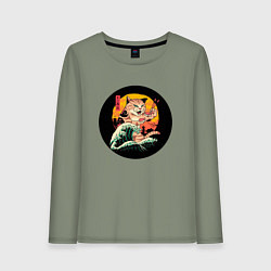 Лонгслив хлопковый женский Большой японский кот с суши, цвет: авокадо