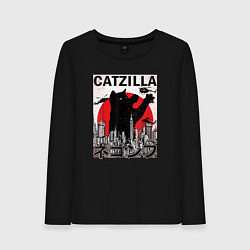 Лонгслив хлопковый женский Catzilla in Tokyo мем, цвет: черный