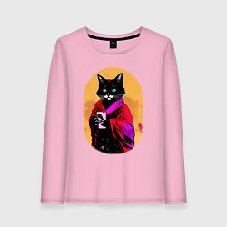 Лонгслив хлопковый женский Бомбейская черная кошка с телефоном в лапках, цвет: светло-розовый