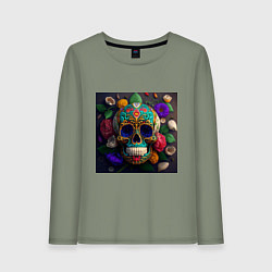 Лонгслив хлопковый женский Разноцветные черепа, цвет: авокадо
