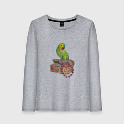 Лонгслив хлопковый женский Зеленый попугай на сундуке с сокровищами, цвет: меланж