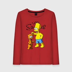 Лонгслив хлопковый женский Барт Симпсон и Снежок - нейросеть - мультфильм, цвет: красный