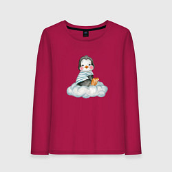Лонгслив хлопковый женский Пингвин на облаке, цвет: маджента