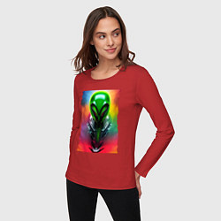 Лонгслив хлопковый женский Alien - neural network - art - neon glow, цвет: красный — фото 2