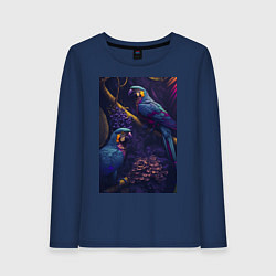 Лонгслив хлопковый женский Разноцветные попугаи, цвет: тёмно-синий