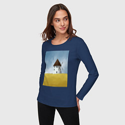 Лонгслив хлопковый женский Ветряная мельница в поле, цвет: тёмно-синий — фото 2