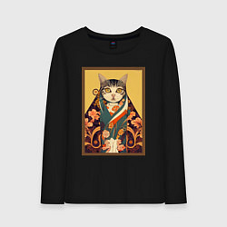 Лонгслив хлопковый женский Кот в кимоно, цвет: черный