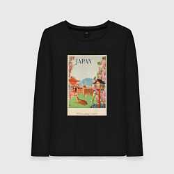 Лонгслив хлопковый женский Японский винтаж с оленями, цвет: черный