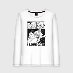 Лонгслив хлопковый женский I love cats comic, цвет: белый