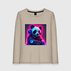Лонгслив хлопковый женский Диджей панда в свете неона, цвет: миндальный