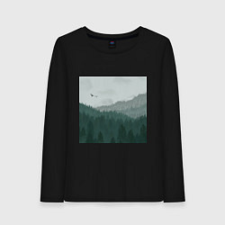 Лонгслив хлопковый женский Туманные холмы и лес, цвет: черный