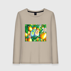 Лонгслив хлопковый женский Попугаи в лимонах, цвет: миндальный