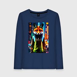 Лонгслив хлопковый женский Модная лисичка в ночном городе, цвет: тёмно-синий