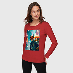 Лонгслив хлопковый женский Лисица в большом городе - киберпанк, цвет: красный — фото 2