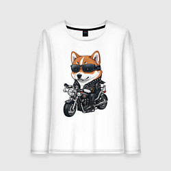 Лонгслив хлопковый женский Shiba Inu собака мотоциклист, цвет: белый