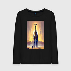Лонгслив хлопковый женский Жираф в большом городе - фантазия - Нью-Йорк, цвет: черный