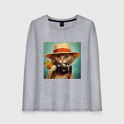 Лонгслив хлопковый женский Кот в соломенной шляпе с фотоаппаратом, цвет: меланж