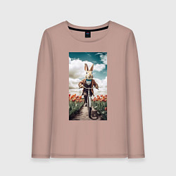 Лонгслив хлопковый женский Кролик едет на велосипеде, цвет: пыльно-розовый