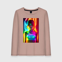 Лонгслив хлопковый женский Japanese girl - neon glow - neural network, цвет: пыльно-розовый