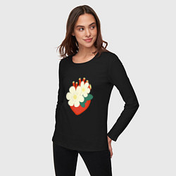 Лонгслив хлопковый женский Анатомическое сердце в цветах и листьях, цвет: черный — фото 2