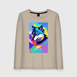 Лонгслив хлопковый женский Wolf - pop art - neural network, цвет: миндальный
