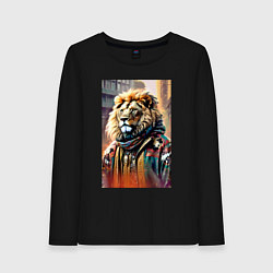 Лонгслив хлопковый женский Лев в драной куртке - хиппи, цвет: черный
