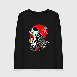 Лонгслив хлопковый женский Котик - якудза и иероглиф, цвет: черный