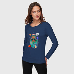 Лонгслив хлопковый женский Кот космонавт в кармане, цвет: тёмно-синий — фото 2