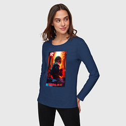 Лонгслив хлопковый женский Roblox fire background, цвет: тёмно-синий — фото 2