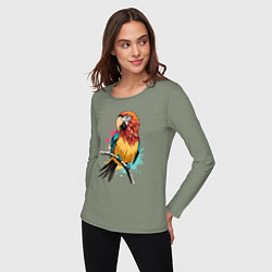 Лонгслив хлопковый женский Акварельный попугай, цвет: авокадо — фото 2